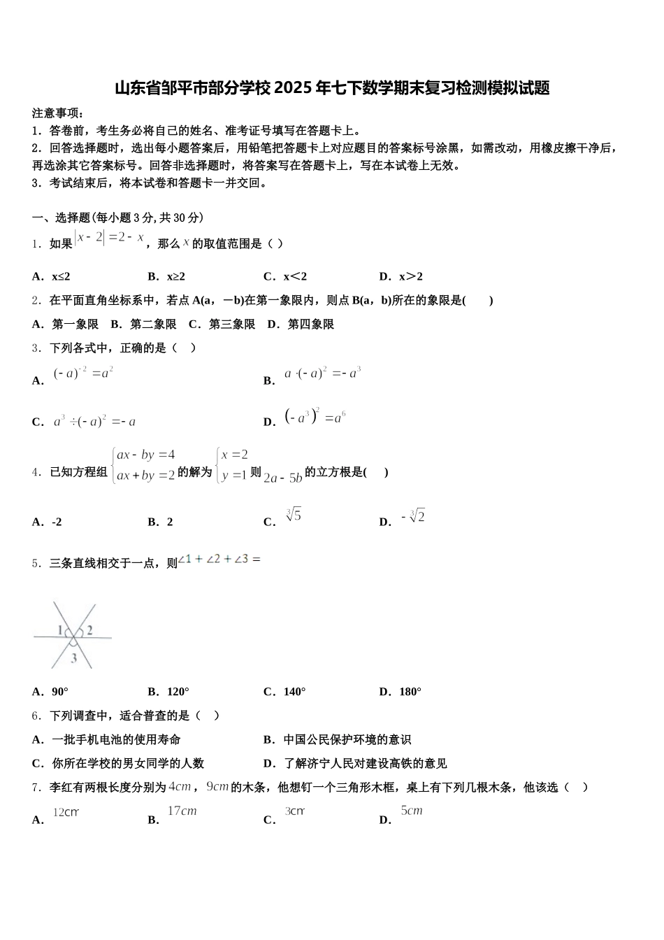 山东省邹平市部分学校2025年七下数学期末复习检测模拟试题含解析_第1页
