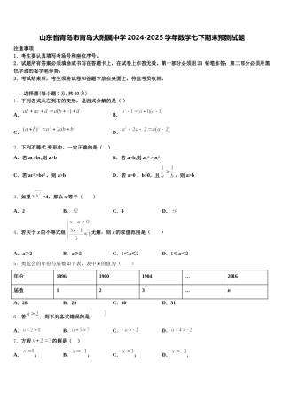 山东省青岛市青岛大附属中学2024-2025学年数学七下期末预测试题含解析