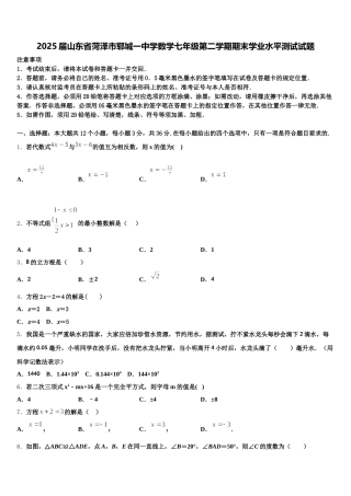 2025届山东省菏泽市郓城一中学数学七年级第二学期期末学业水平测试试题含解析