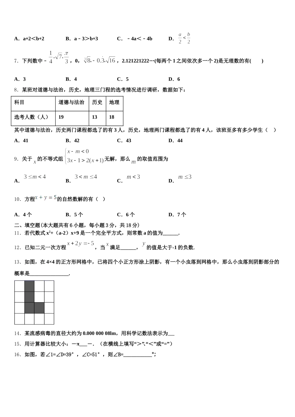 山东省潍坊市高密四中学文慧学校2025年数学七下期末学业水平测试试题含解析_第2页