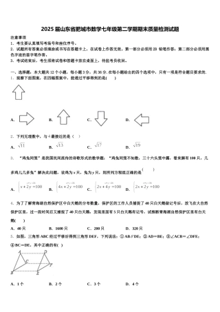 2025届山东省肥城市数学七年级第二学期期末质量检测试题含解析