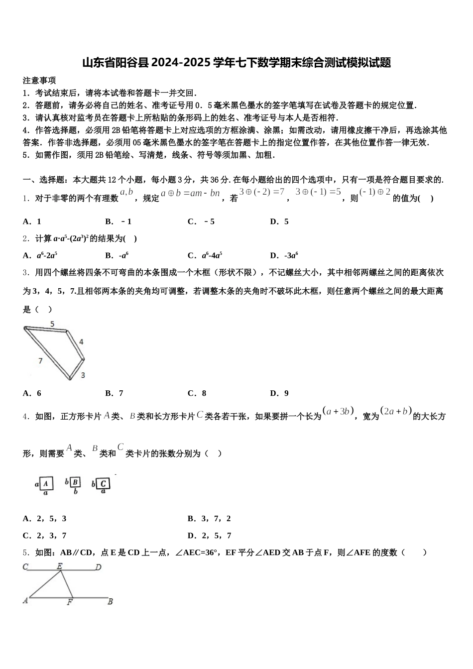 山东省阳谷县2024-2025学年七下数学期末综合测试模拟试题含解析_第1页