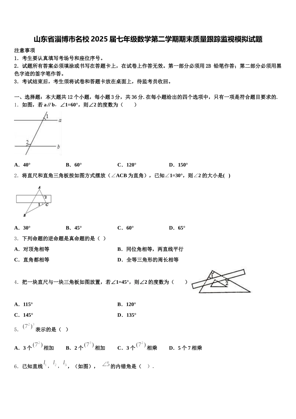 山东省淄博市名校2025届七年级数学第二学期期末质量跟踪监视模拟试题含解析_第1页