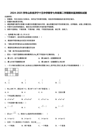 2024-2025学年山东省济宁十五中学数学七年级第二学期期末监测模拟试题含解析