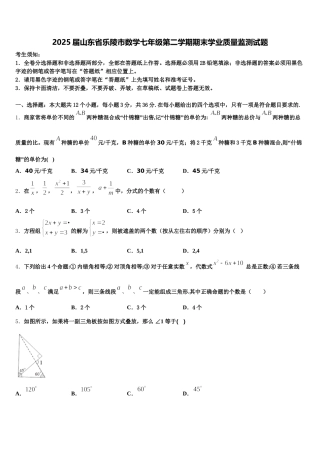 2025届山东省乐陵市数学七年级第二学期期末学业质量监测试题含解析