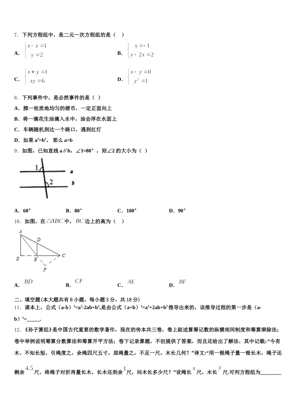 山东省威海市文登区文登实验，三里河中学2024-2025学年七年级数学第二学期期末调研试题含解析_第2页
