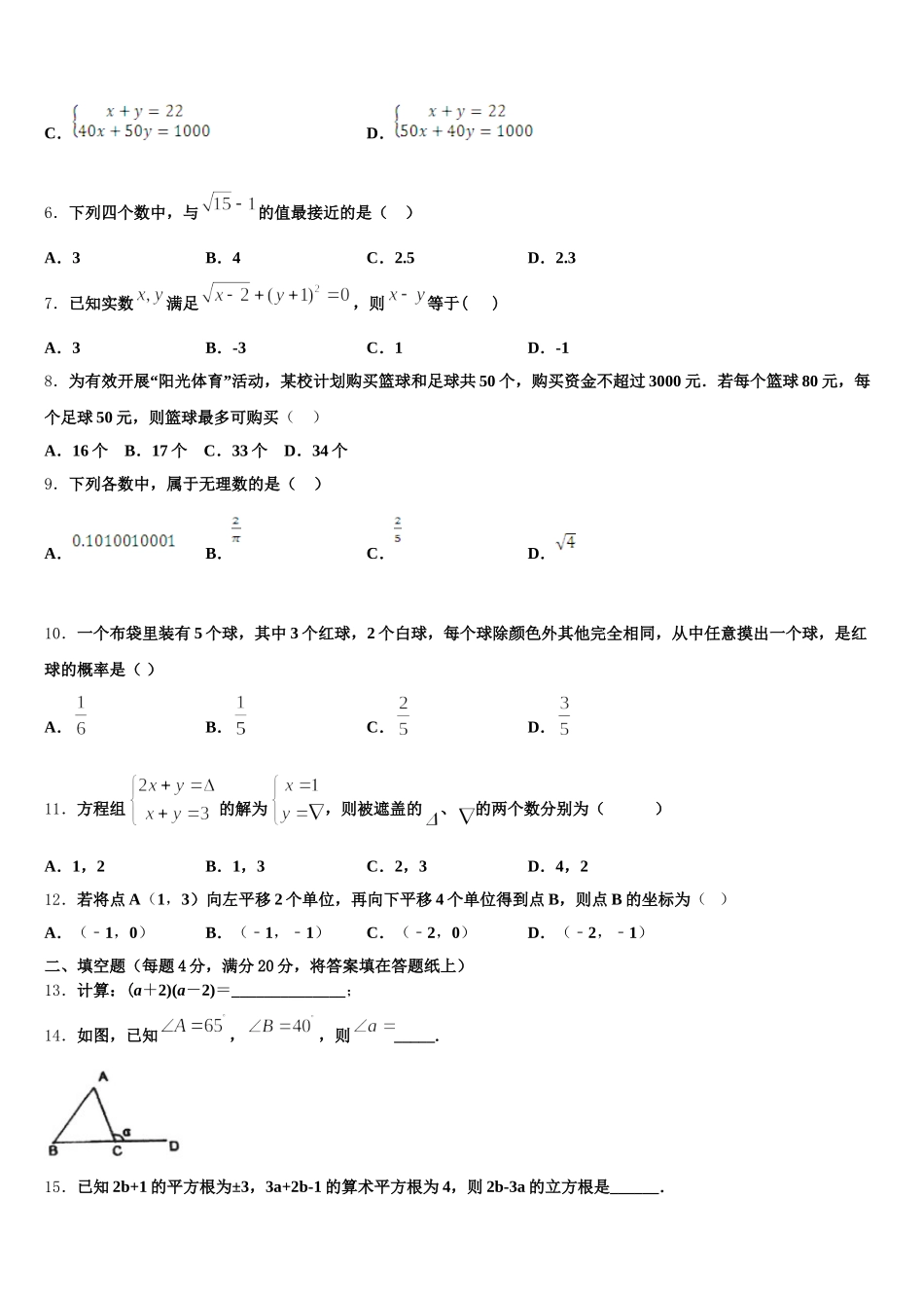 2025届山东广饶县七年级数学第二学期期末检测模拟试题含解析_第2页