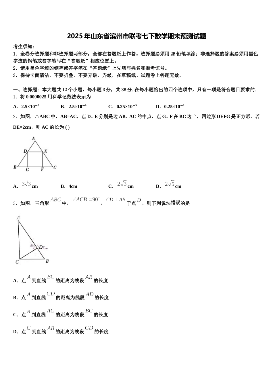 2025年山东省滨州市联考七下数学期末预测试题含解析_第1页