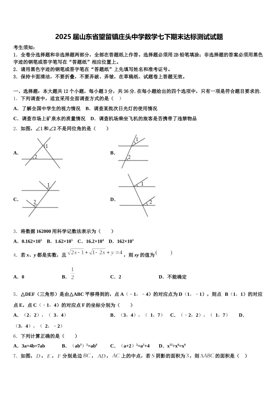 2025届山东省望留镇庄头中学数学七下期末达标测试试题含解析_第1页