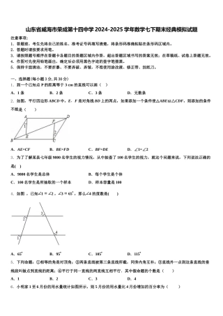 山东省威海市荣成第十四中学2024-2025学年数学七下期末经典模拟试题含解析