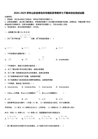 2024-2025学年山东省青岛市市南区统考数学七下期末综合测试试题含解析