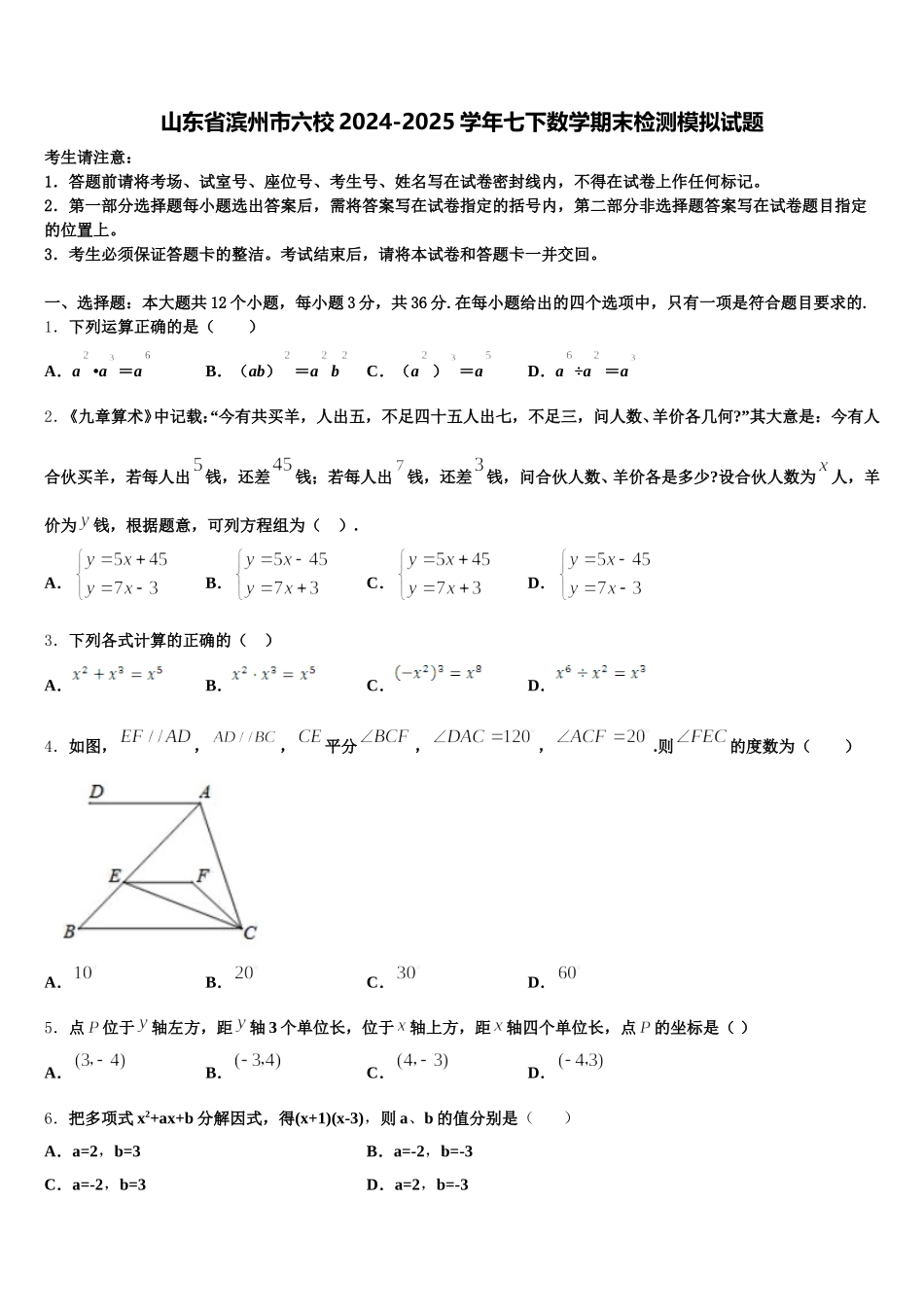 山东省滨州市六校2024-2025学年七下数学期末检测模拟试题含解析_第1页
