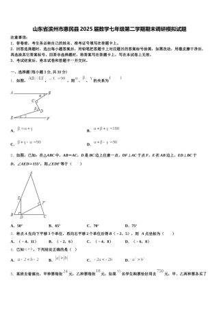 山东省滨州市惠民县2025届数学七年级第二学期期末调研模拟试题含解析