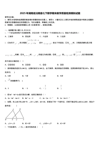2025年湖南省沅陵县七下数学期末教学质量检测模拟试题含解析