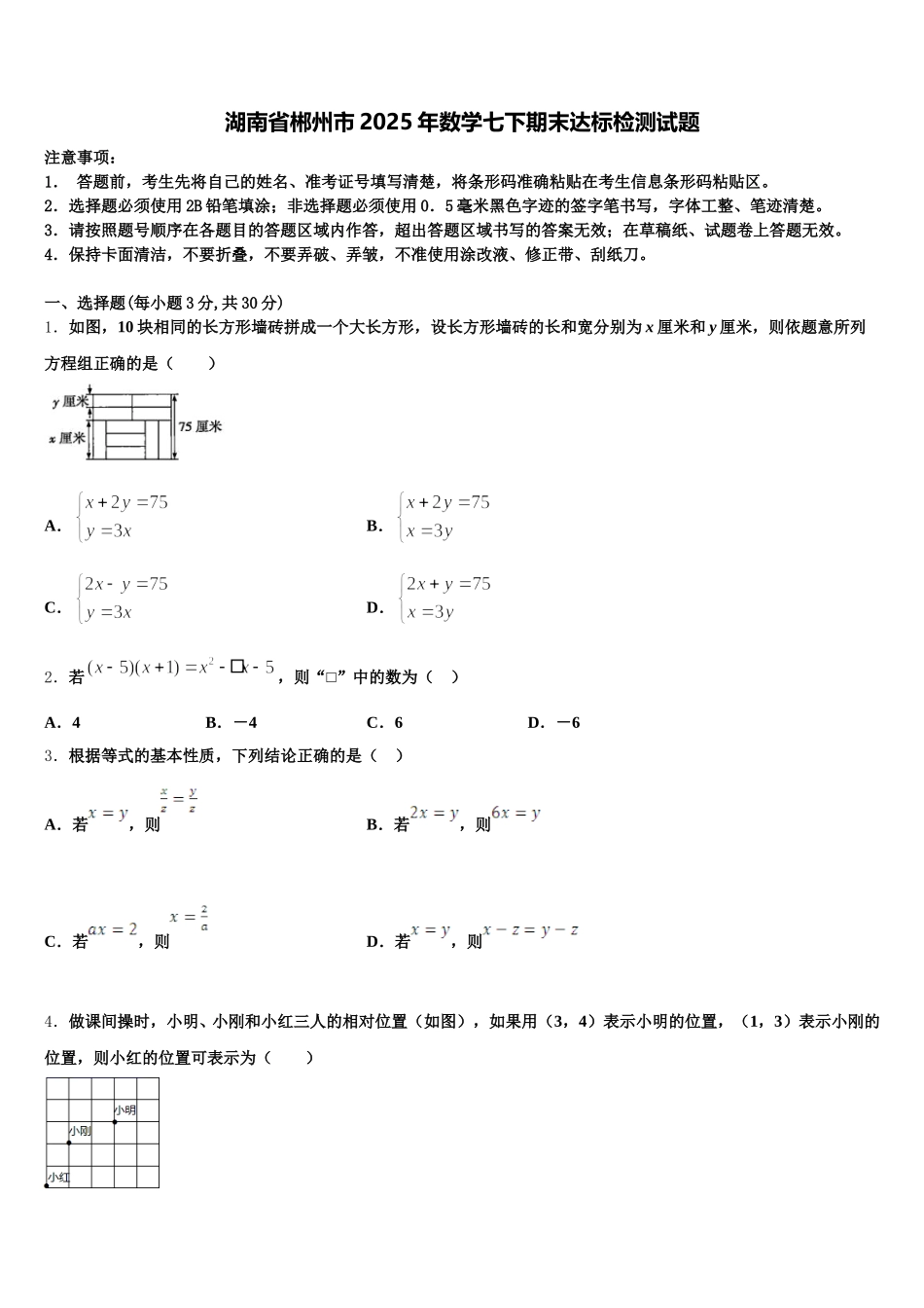 湖南省郴州市2025年数学七下期末达标检测试题含解析_第1页