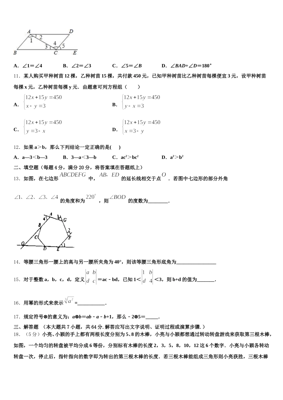 湖南省长沙市周南石燕湖中学2024-2025学年七下数学期末教学质量检测试题含解析_第3页