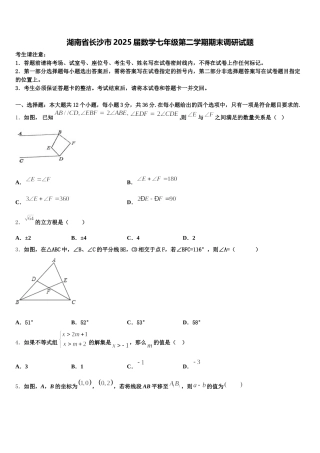 湖南省长沙市2025届数学七年级第二学期期末调研试题含解析