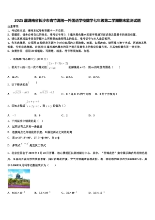 2025届湖南省长沙市青竹湖湘一外国语学校数学七年级第二学期期末监测试题含解析