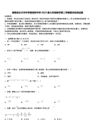 湖南省长沙市中学雅培粹中学2025届七年级数学第二学期期末检测试题含解析