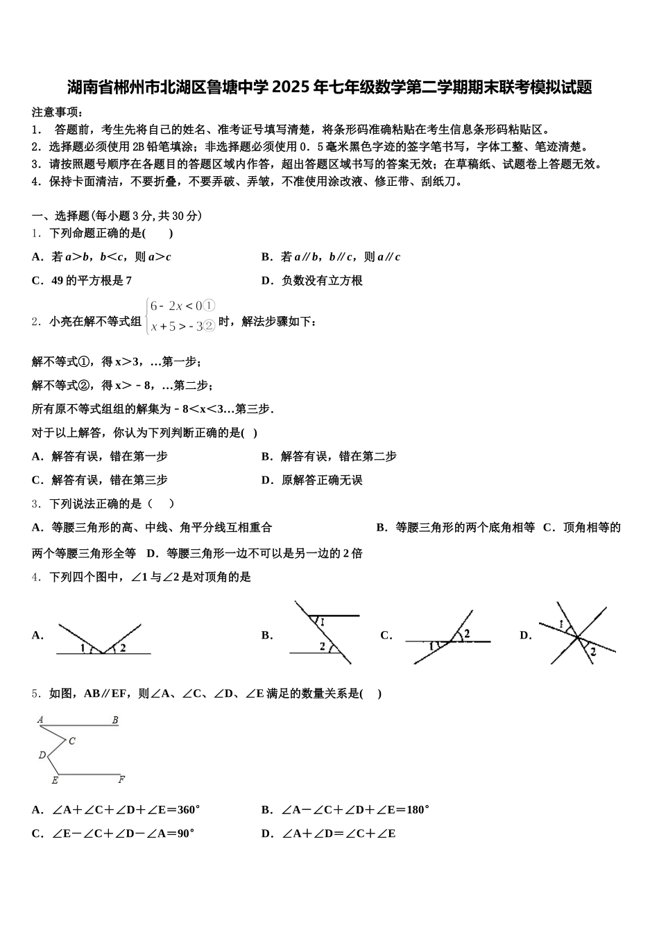湖南省郴州市北湖区鲁塘中学2025年七年级数学第二学期期末联考模拟试题含解析_第1页