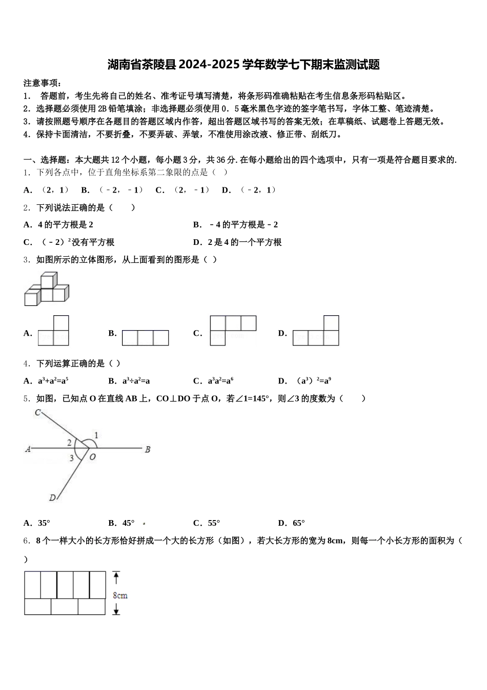 湖南省茶陵县2024-2025学年数学七下期末监测试题含解析_第1页