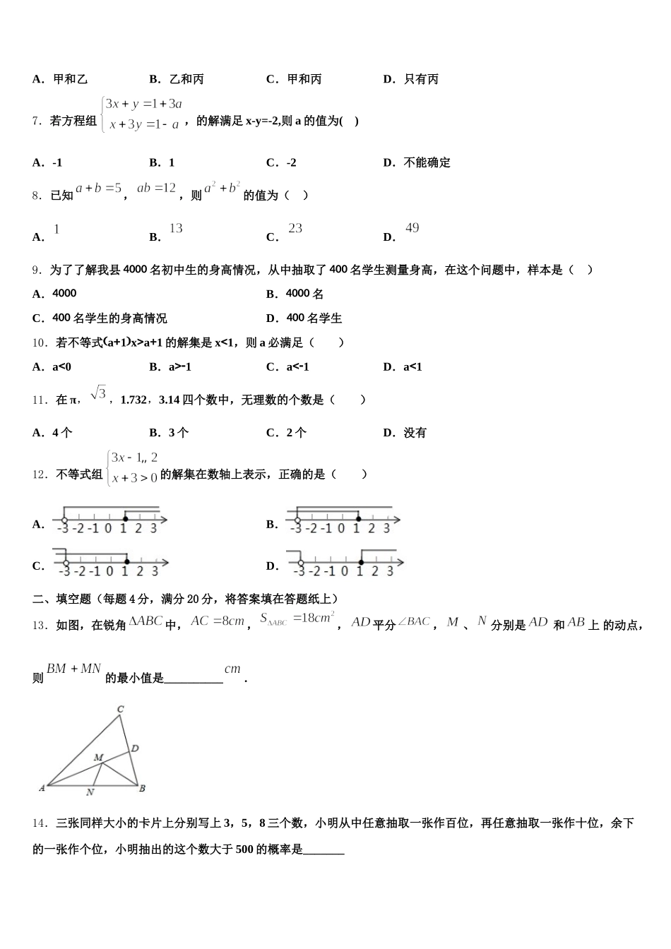 湖南省长沙青竹湖湘一外国语学校2024-2025学年数学七年级第二学期期末联考模拟试题含解析_第2页