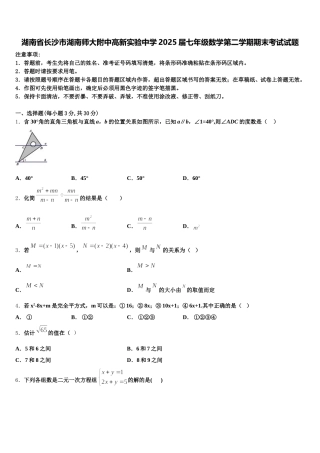 湖南省长沙市湖南师大附中高新实验中学2025届七年级数学第二学期期末考试试题含解析