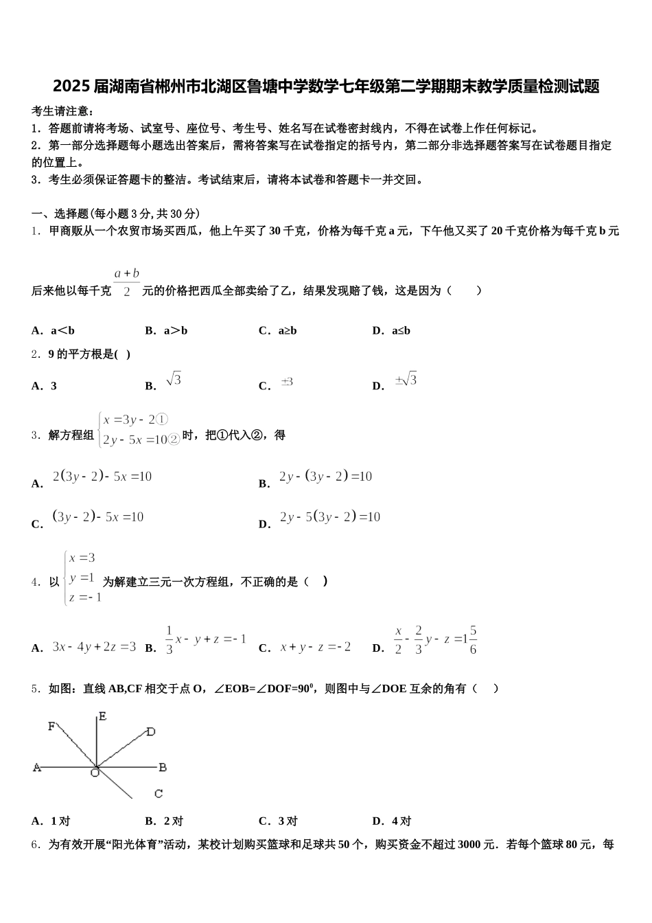 2025届湖南省郴州市北湖区鲁塘中学数学七年级第二学期期末教学质量检测试题含解析_第1页