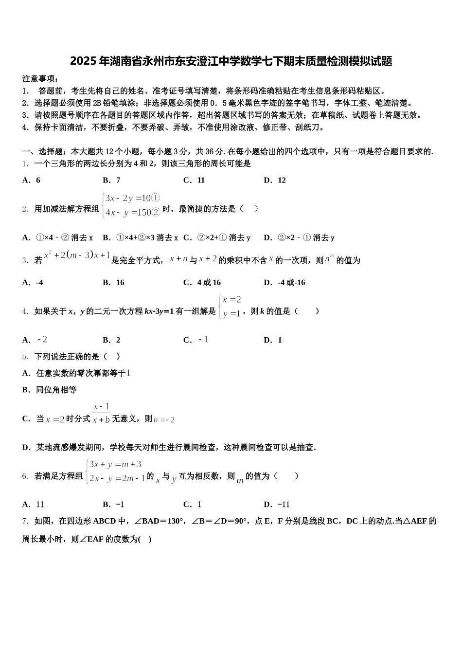 2025年湖南省永州市东安澄江中学数学七下期末质量检测模拟试题含解析_第1页