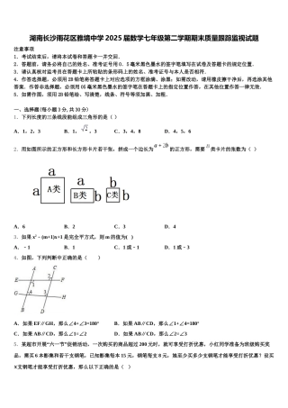 湖南长沙雨花区雅境中学2025届数学七年级第二学期期末质量跟踪监视试题含解析