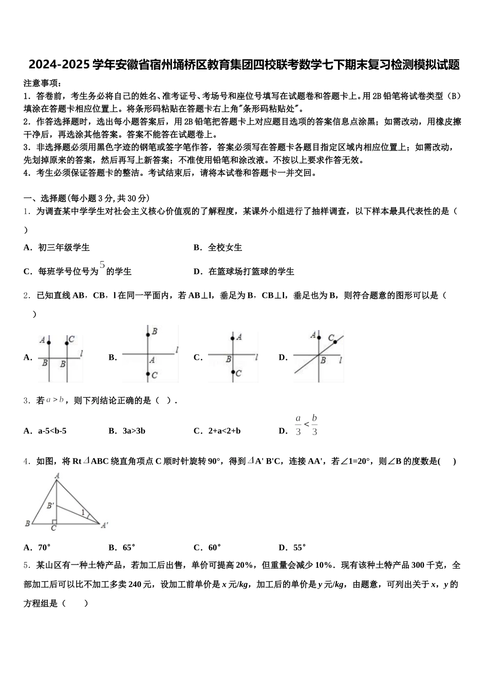 2024-2025学年安徽省宿州埇桥区教育集团四校联考数学七下期末复习检测模拟试题含解析_第1页