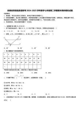 安徽省阜阳临泉县联考2024-2025学年数学七年级第二学期期末调研模拟试题含解析