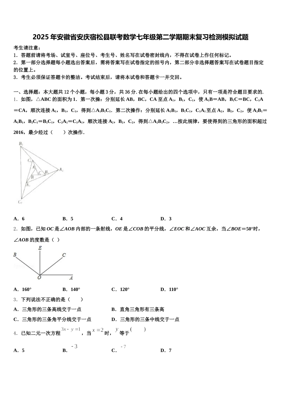 2025年安徽省安庆宿松县联考数学七年级第二学期期末复习检测模拟试题含解析_第1页