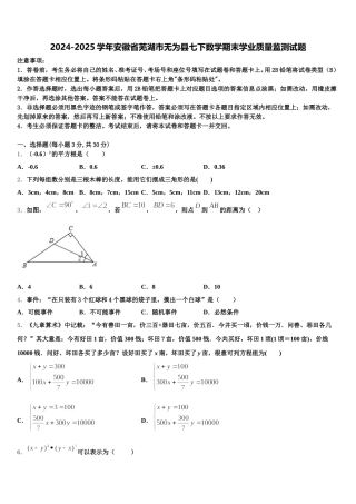2024-2025学年安徽省芜湖市无为县七下数学期末学业质量监测试题含解析
