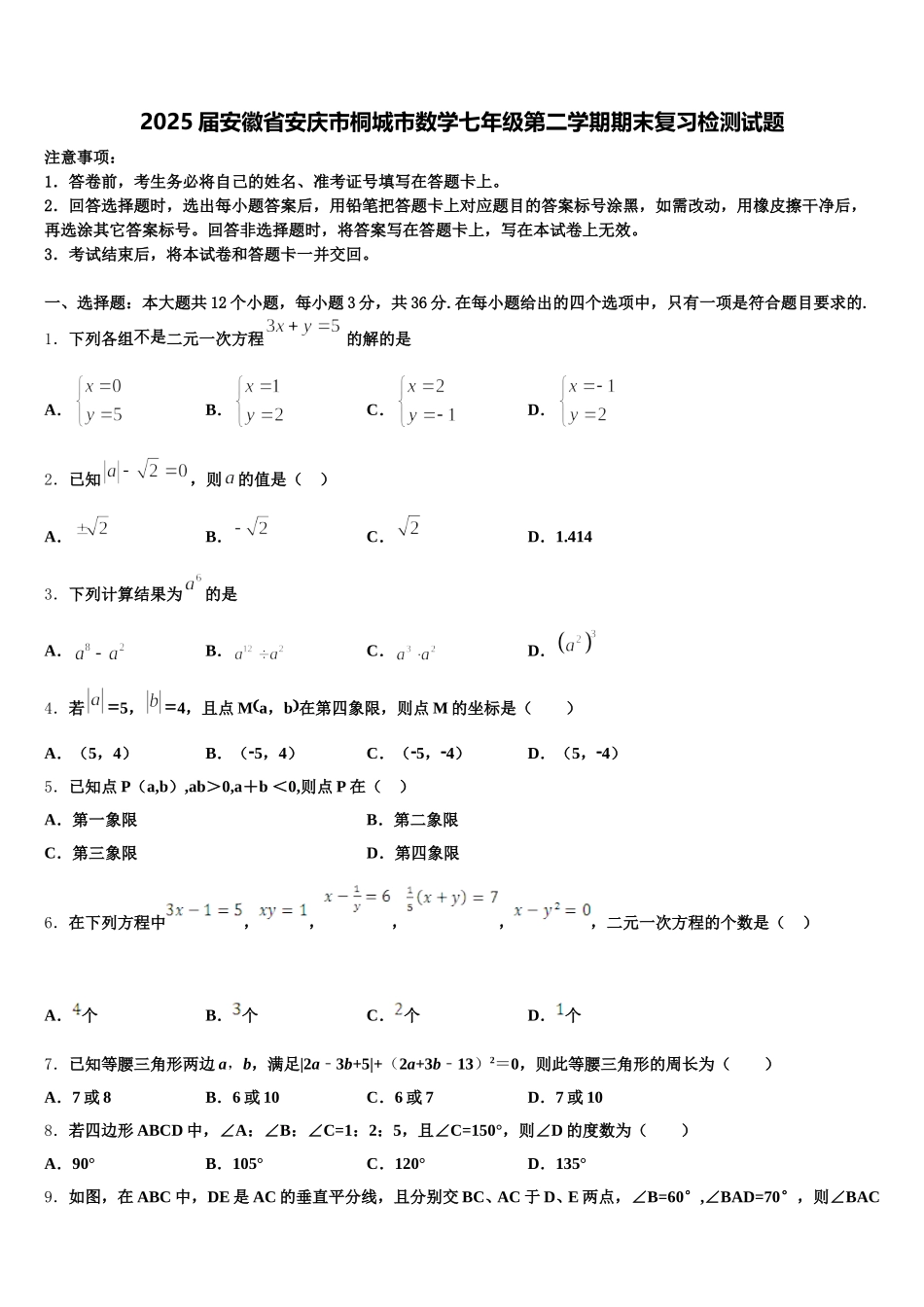 2025届安徽省安庆市桐城市数学七年级第二学期期末复习检测试题含解析_第1页