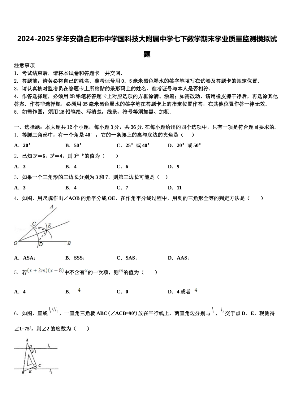 2024-2025学年安徽合肥市中学国科技大附属中学七下数学期末学业质量监测模拟试题含解析_第1页