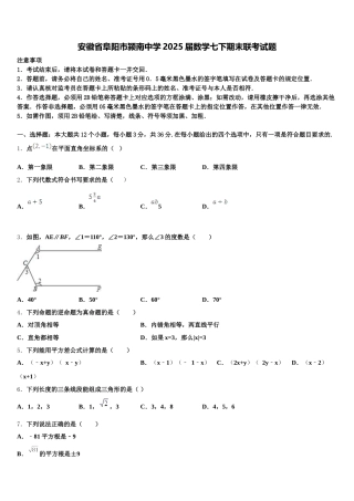 安徽省阜阳市颍南中学2025届数学七下期末联考试题含解析