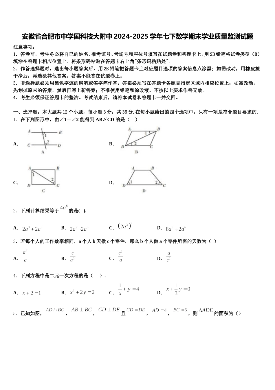 安徽省合肥市中学国科技大附中2024-2025学年七下数学期末学业质量监测试题含解析_第1页