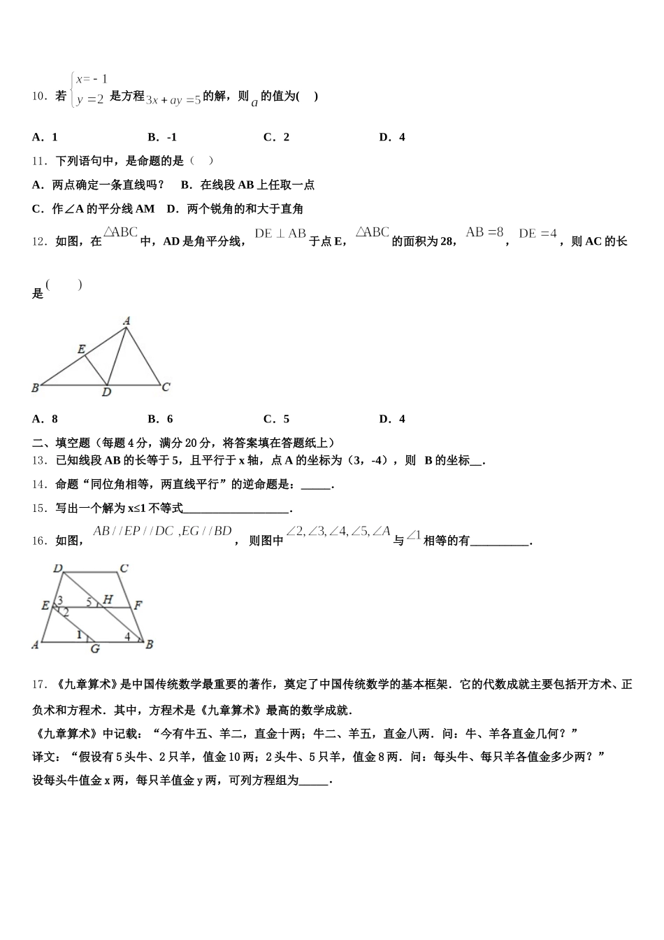安徽省合肥市中学国科技大附中2024-2025学年七下数学期末学业质量监测试题含解析_第3页