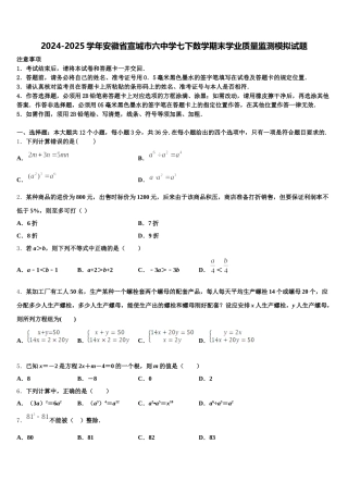 2024-2025学年安徽省宣城市六中学七下数学期末学业质量监测模拟试题含解析