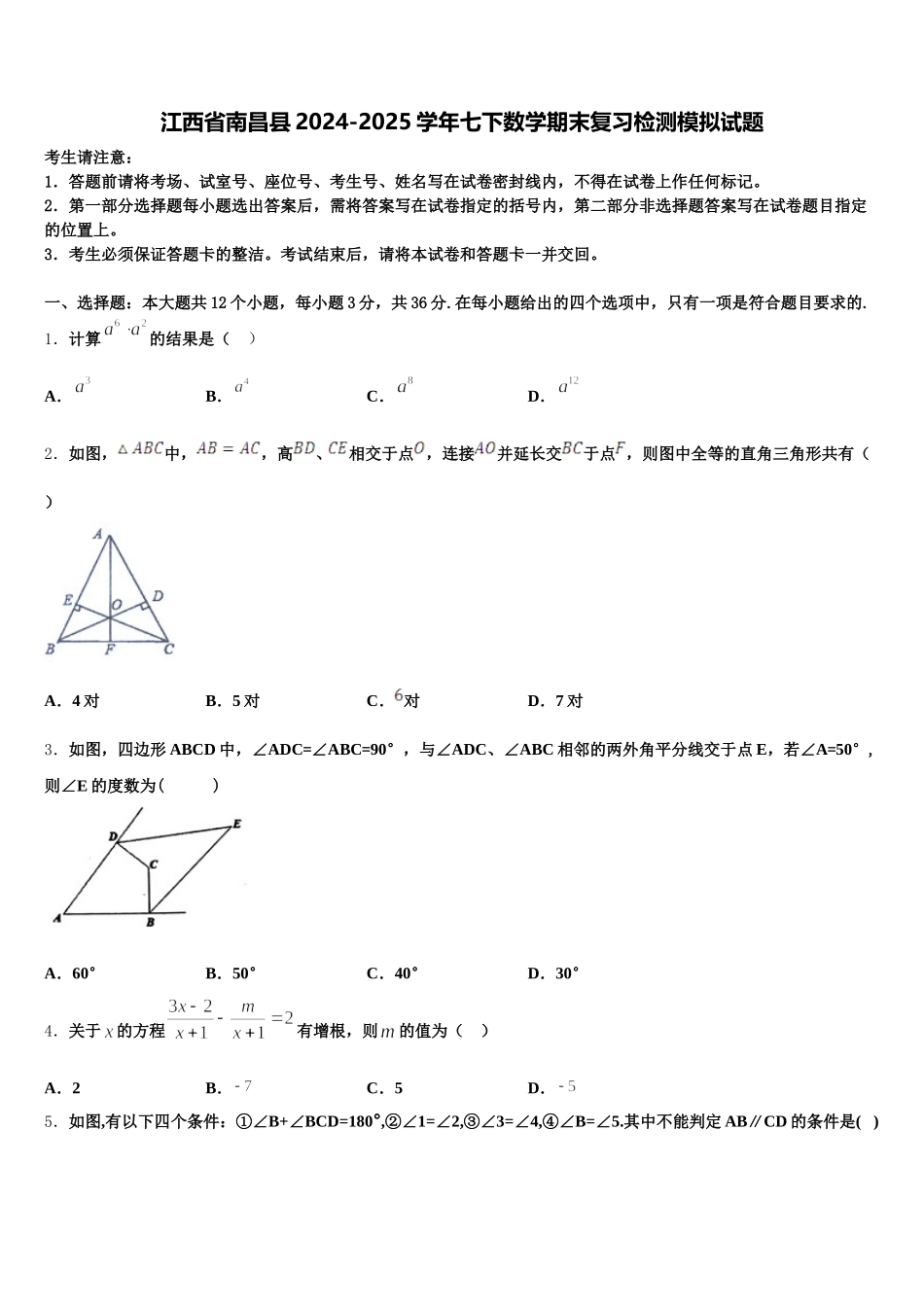江西省南昌县2024-2025学年七下数学期末复习检测模拟试题含解析_第1页