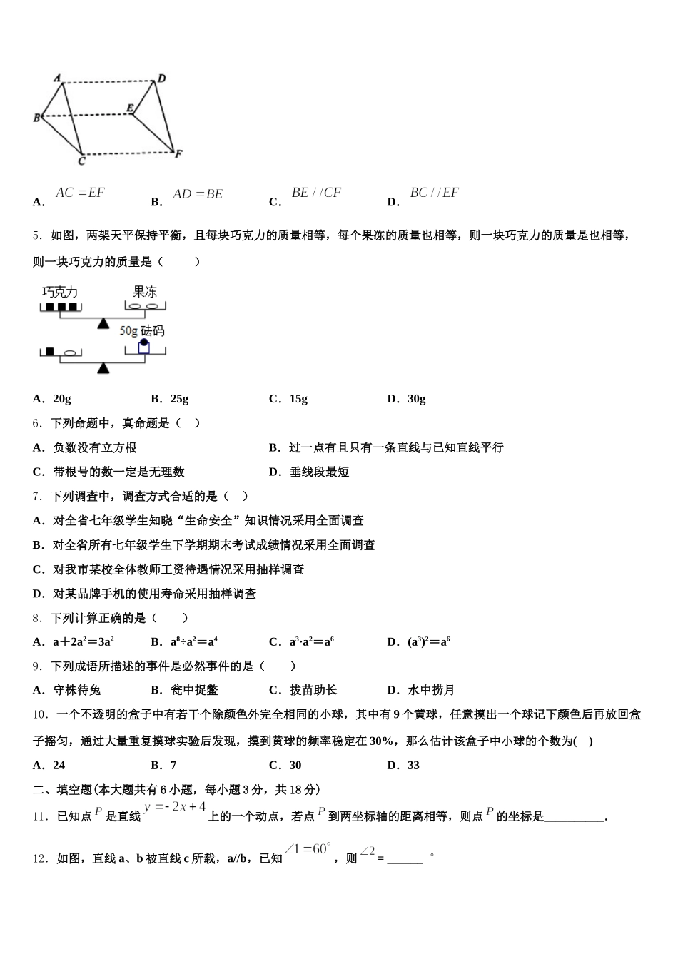 江西省九江市外国语学校2024-2025学年七年级数学第二学期期末考试试题含解析_第2页