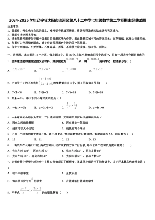 2024-2025学年辽宁省沈阳市沈河区第八十二中学七年级数学第二学期期末经典试题含解析