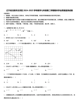 辽宁省沈阳市沈河区2024-2025学年数学七年级第二学期期末学业质量监测试题含解析