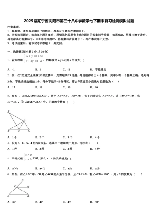 2025届辽宁省沈阳市第三十八中学数学七下期末复习检测模拟试题含解析