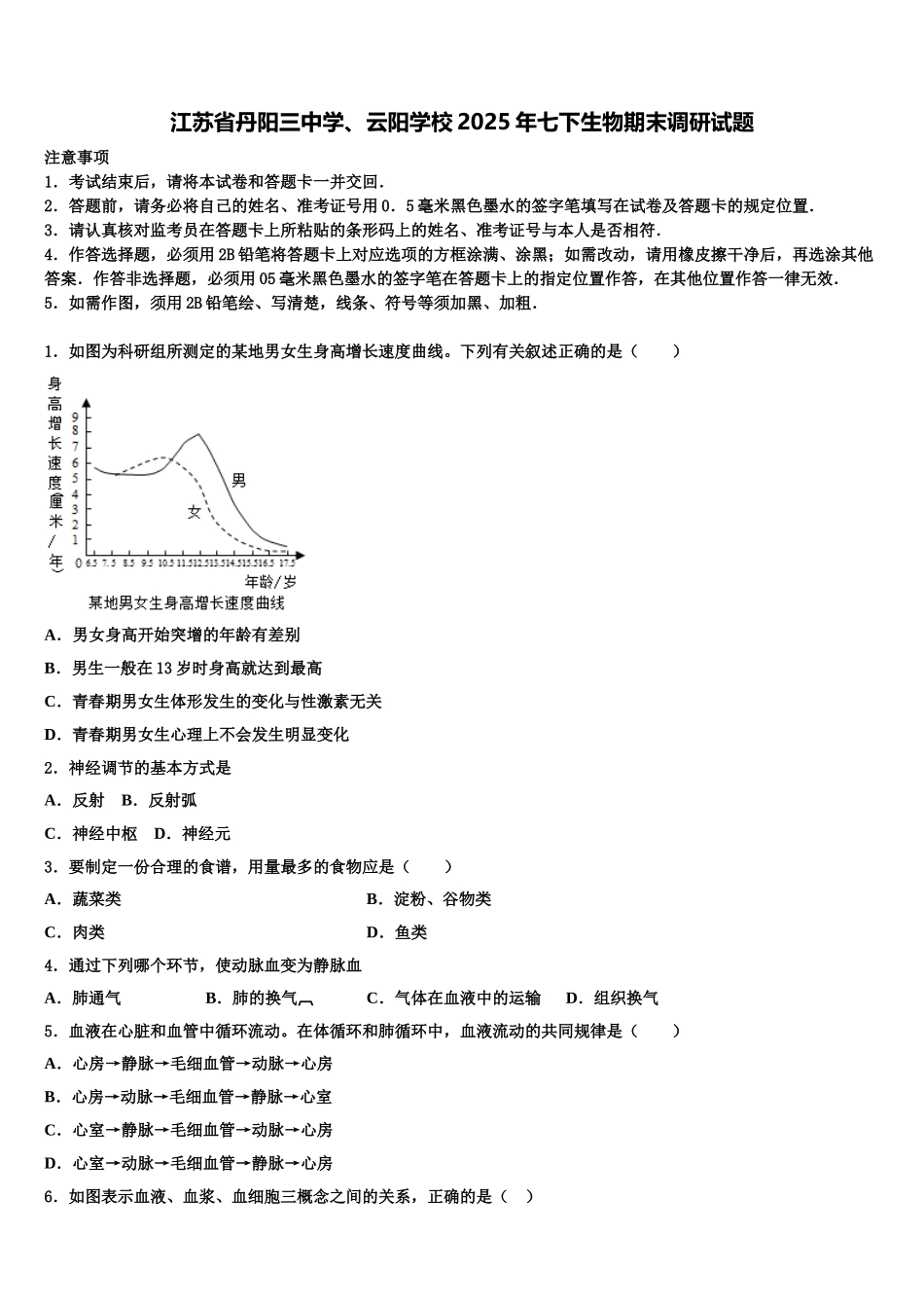 江苏省丹阳三中学、云阳学校2025年七下生物期末调研试题含解析_第1页