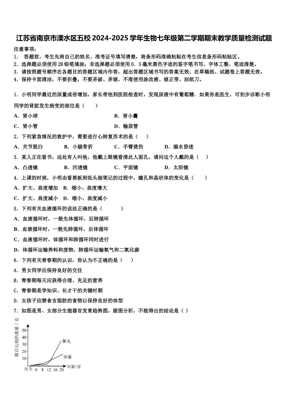 江苏省南京市溧水区五校2024-2025学年生物七年级第二学期期末教学质量检测试题含解析_第1页