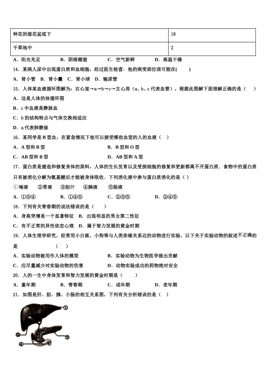 2025届江苏省淮安市三树镇蒋集九一贯制学校七年级生物第二学期期末经典试题含解析_第3页