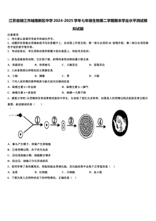 江苏省靖江市城南新区中学2024-2025学年七年级生物第二学期期末学业水平测试模拟试题含解析