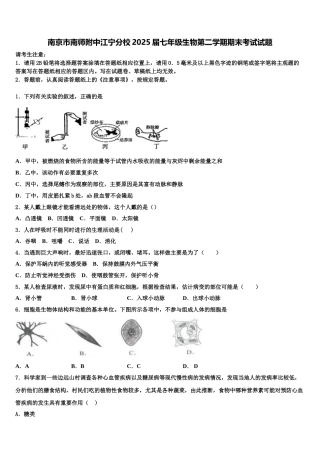 南京市南师附中江宁分校2025届七年级生物第二学期期末考试试题含解析